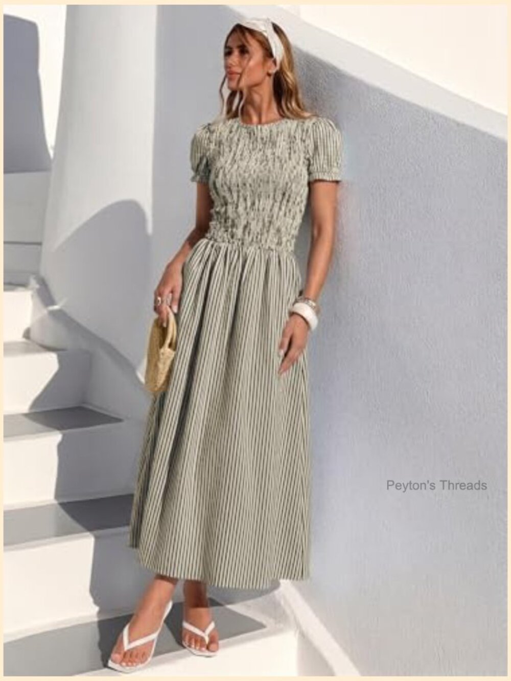 Smocked Midi Dress with Puff Short Sleeves and Striped Pattern - Picture 2 of 7